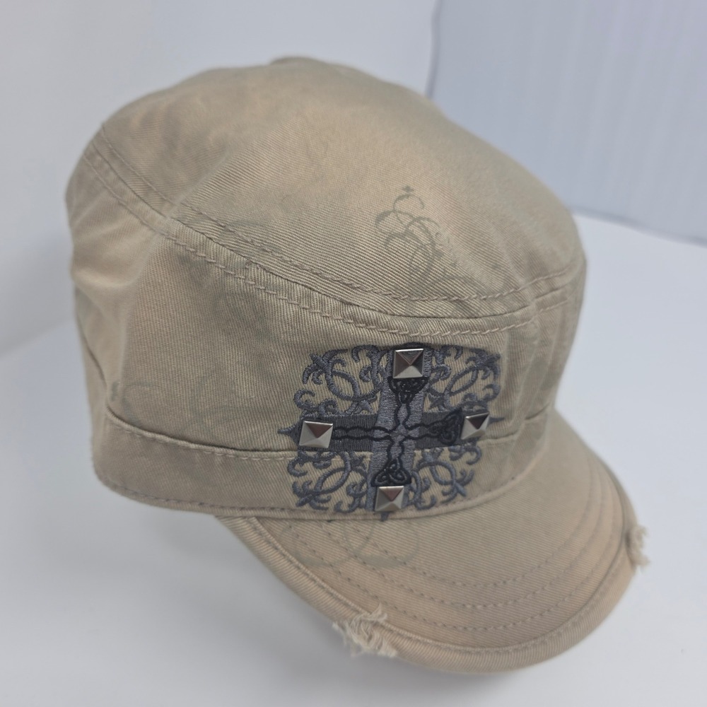Unbranded Cadet Cap OS Military Hat Studded Cross Cotton Distressed Tan Y2K